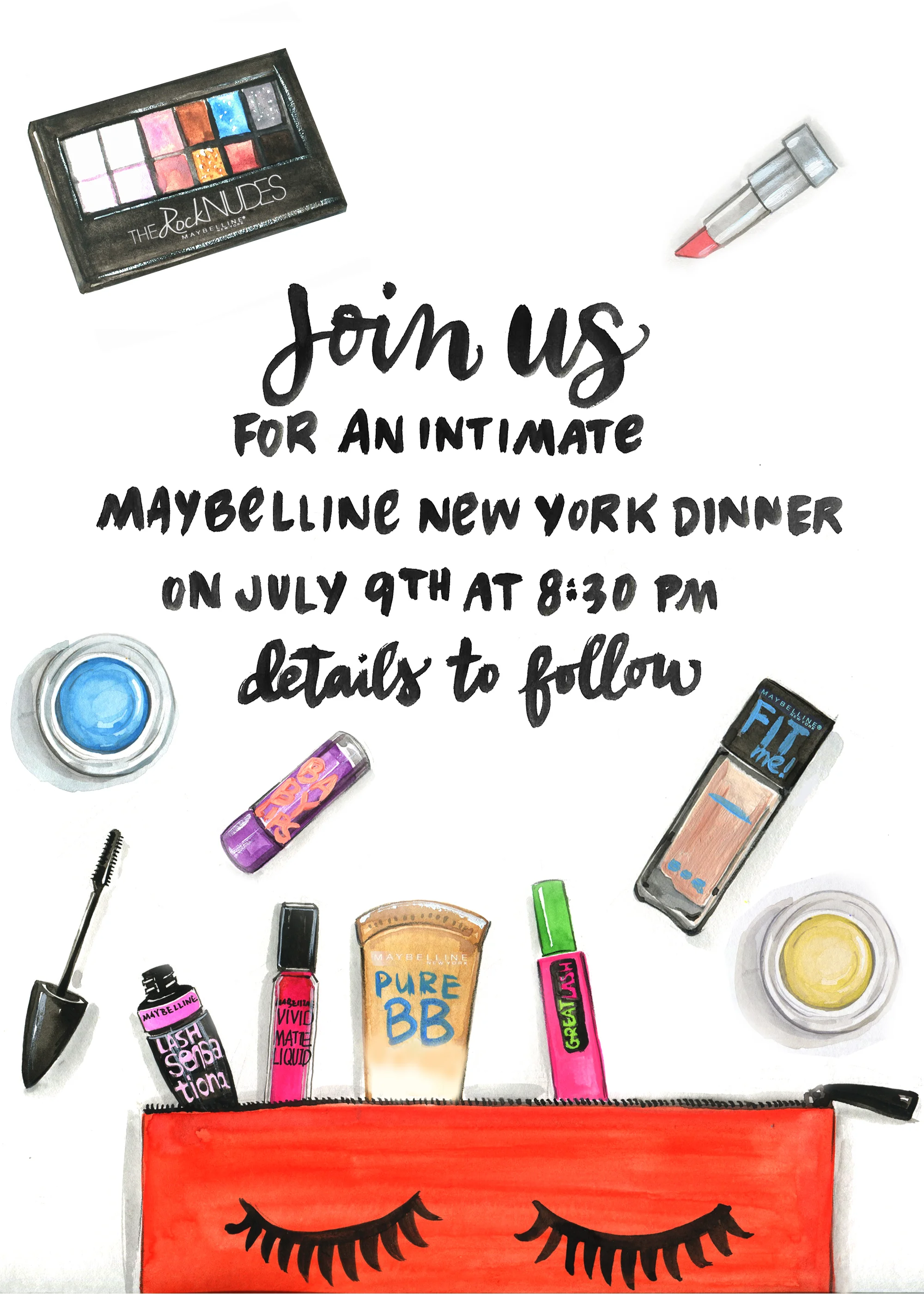 Fashion illustration invitation for Maybelline New York by Houston fashion illustrator Rongrong DeVoe
