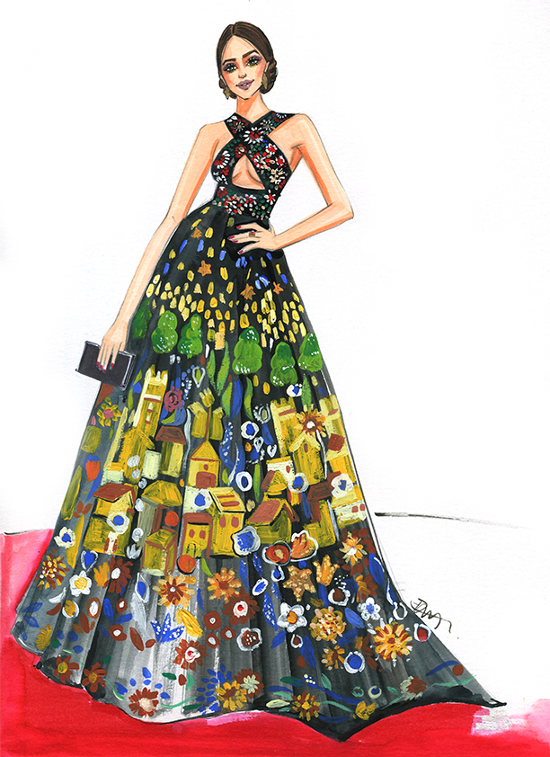 Fashion Illustration of Zuhair Murad gown at Golden globes 2017 