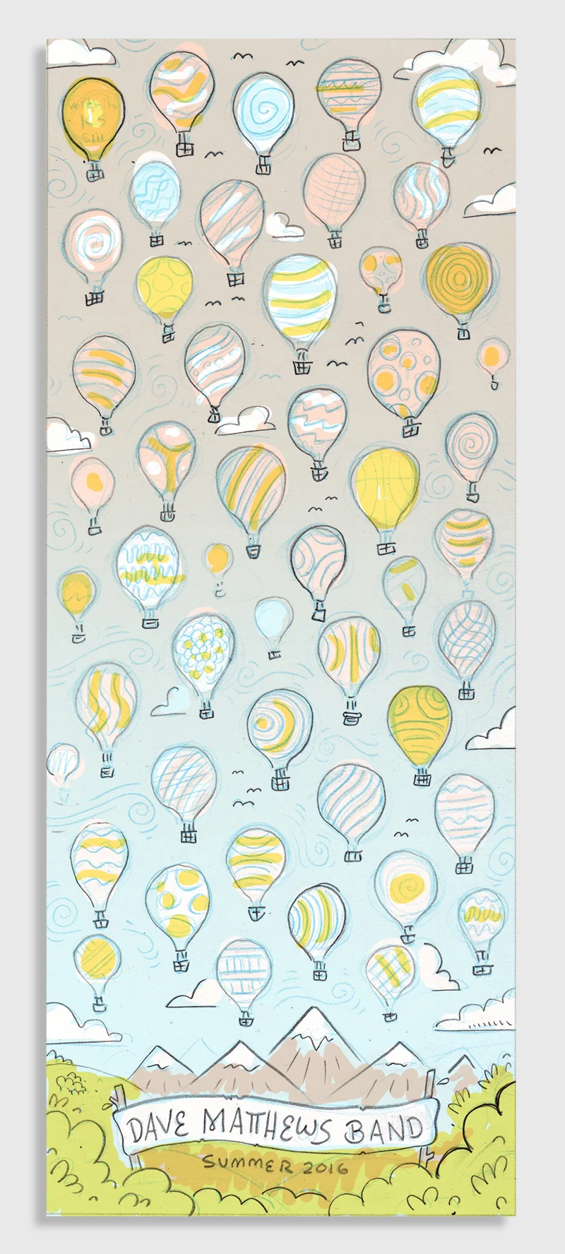 This one would be a cool nontraditional format - a tall skinny print depicting a hot air balloon rally. Each balloon would have a tour date on it and they would all have a variety of patterns & colors on them. 