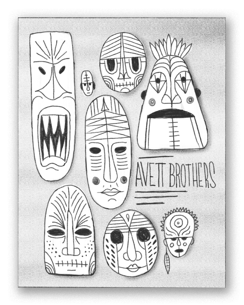 A collection of exotic masks all clustered together - could be really cool experimenting with different face shapes, patterns, colors, etc on this concept. 