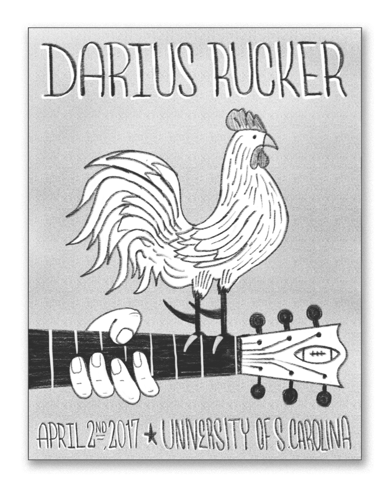 A play on the classic Woodstock poster - Darius's guitar with a proud gamecock perched on top of it. 