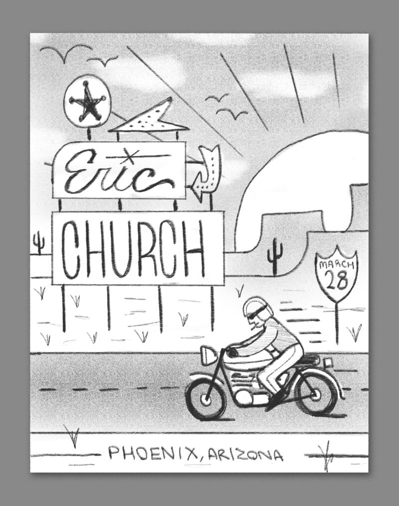 Inspired by Arizona's desert landscape and lonely highways - a lone rider screaming down the road, passing some classic rusty road signs displaying the show info. 
