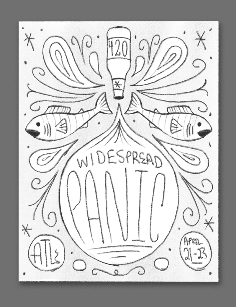 An upturned beer bottle with a whole psychedelic composition pouring out of it - the fish are a reference to the sweetwater labels, this would look killer with some bright colors and trippy patterns. 