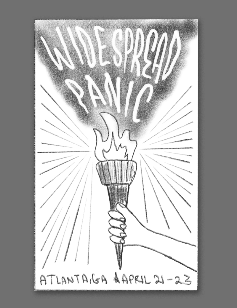 We wanted to include something non-beer related. Centennial park has the 8 big torches in it, so we thought something relating to those could be cool - this would have an ornate colorful torch with a bright flame - the bands name is blended into the smoke. 