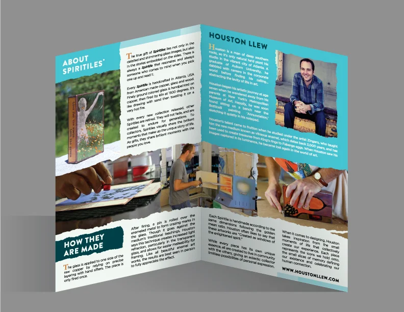 2. Interior mock up. Switched out the Spiritile image for one with a setting and more color. Rethought the "how they are made" photo montage, reaching accross the pages helps the composition feel more dynamic and pleasing.