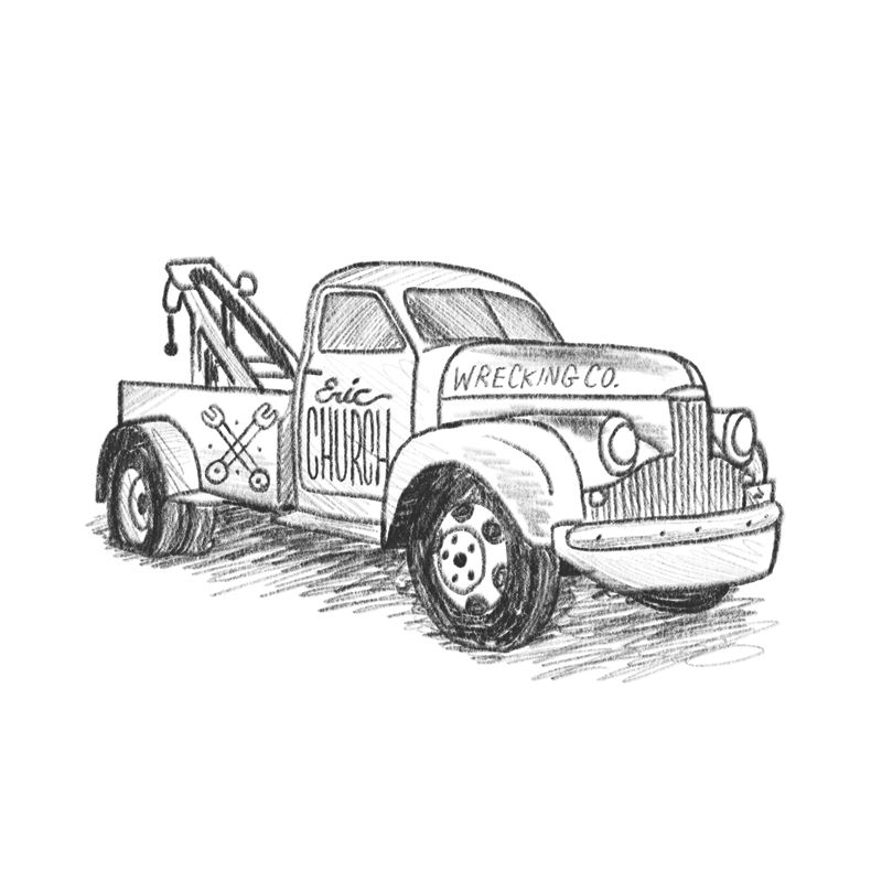 similar to last time - but with an old tow truck. This could look great illustrated in a splotchy hand-inked style similar to the example you sent over. Maybe it has weeds growing up around it like its been parked in the backyard for awhile? It could also be cool to pull the 'logo' off the door and print that on the front pocket of a tee, and have the big truck illustration on the back. 