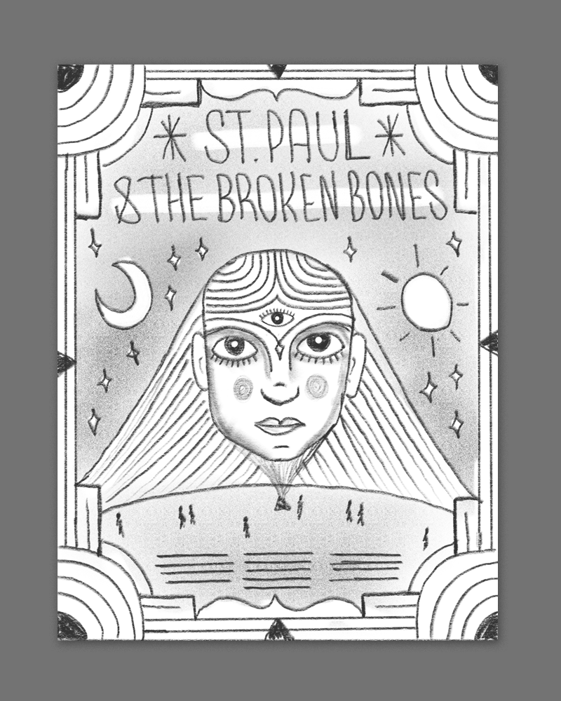 This idea is inspired by some of the spacier Parliament style aesthetics from the 70s - a sort of retro-futuristic galactic style with this giant three eyed hologram lady being projected into the sky from a mysterious planet below. 