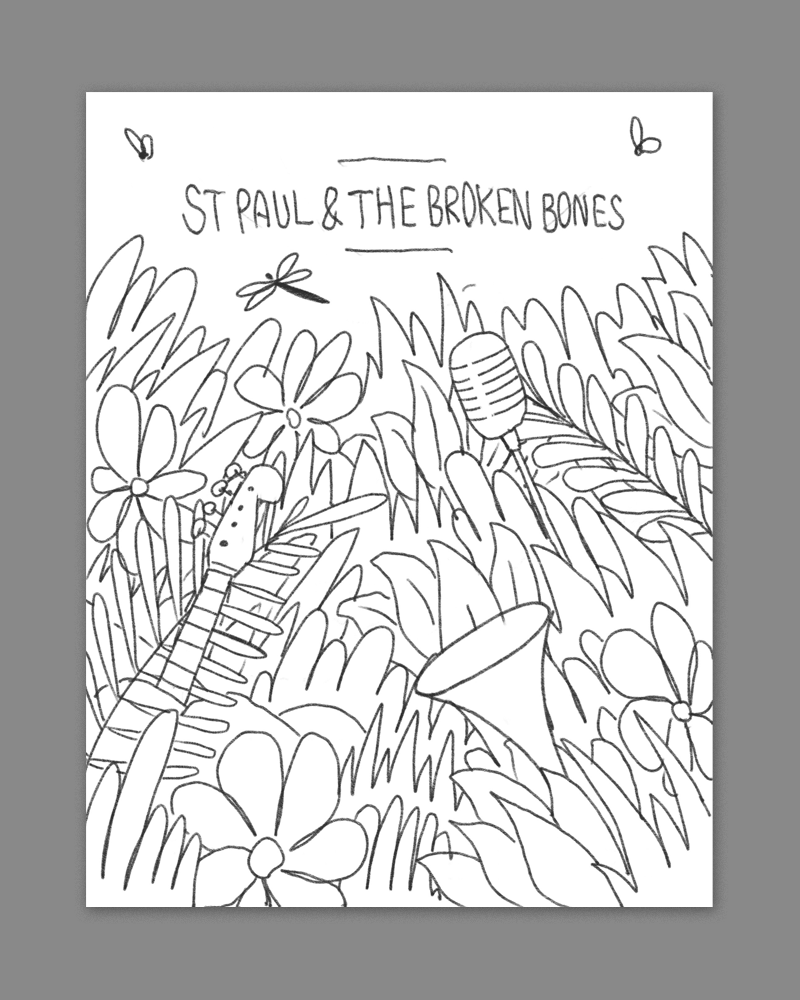 a dense nature scene with various st paul instruments popping out - this would look awesome in some bright summery colors.