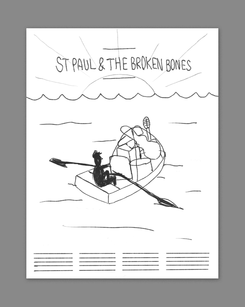 a loan oarsmen rowing a boat-load of music gear across the sea. 