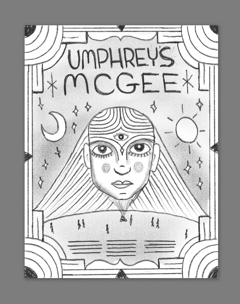 This idea is inspired by some of the spacier Parliament style aesthetics from the 70s - a sort of retro-futuristic galactic style with this giant three eyed hologram lady being projected into the sky from a mysterious planet below. 