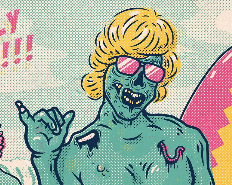 4. We tried to add in just enough ridiculous humor and over-the-top cliche 80s-ness to keep everything fun and not gross or scary. You can also see how the halftones allow us to create shadow and highlights without adding more colors.