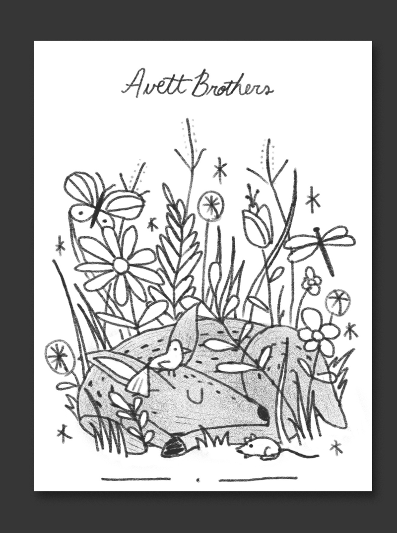 A sweet little baby deer sleeping in a thicket surrounded by various flora and fauna - this could be really cool illustrated in a vintage-inspired style. 