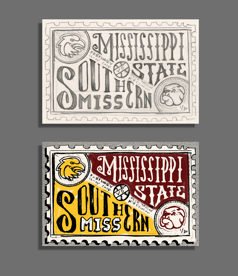 This horizontal sketch allows for the long school names "Mississippi" and "Southern" to be displayed big and prominent. The school mascots appear in their respective corners. Some color was added to this sketch just to see how the colors could be incorporated.