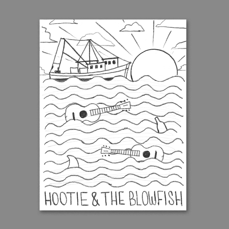 A cool graphic illustration of waves with various instruments floating - a crusty charleston shrimp boat sits on the horizon by the setting sun. 
