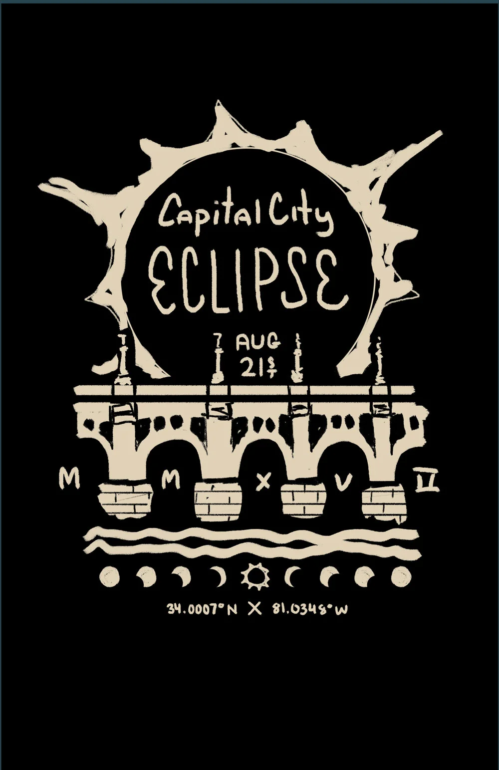 2. This on features the well known Gervais St bridge. The idea would be to have the total eclipse atop the bridge with "Capital City Eclipse" in an eye-catching typestyle.