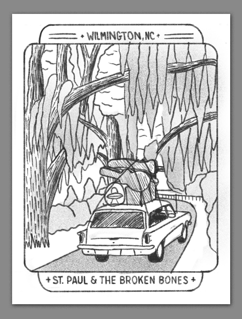 A classic southern scene - live oaks and hanging spanish moss over a road. A cool old-school station wagon with a mountain of gear strapped to the top is driving to the gig. 