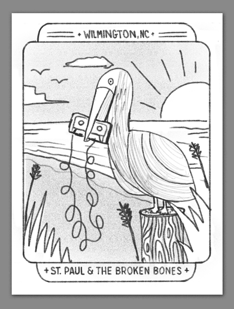 A breezy summery beach scene featuring a pelican holding a casette tape in its beak. even birds like to jam to st paul. 
