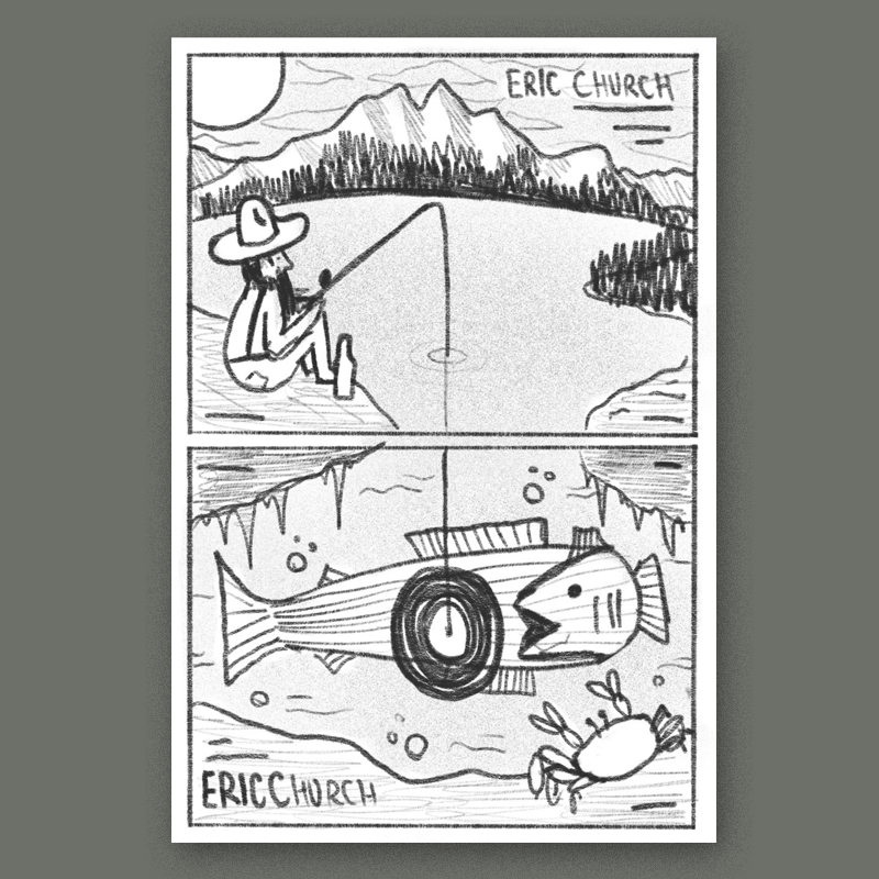 Poster 1 is a classic lake tahoe scene with a grizzly outdoorsman enjoying a cold one and dropping a line - Poster 2 shows what is below the surface of the water - instead of bait there is a record on the hook and a big ol' fish going for it. 