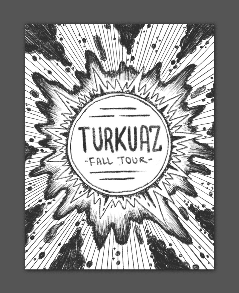inspired by the work of jack kirby - just a big energetic explosion emanating from the band name in the center - it could be really fun to try to emulate all the printing quirks of an old comic book. 