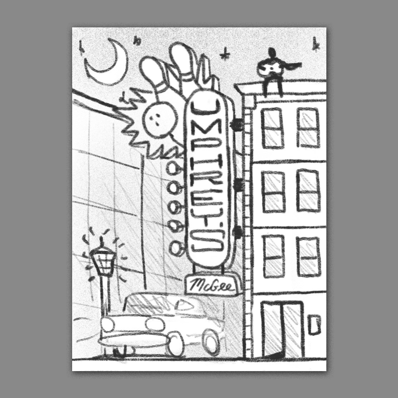 This direction is a more classic brooklyn approach - a grimy street corner at night lined with brownstones, illuminated by a classic bowling marquee style to tie in the venue as well. A mysterious figure sits on the rooftop strumming a guitar... 