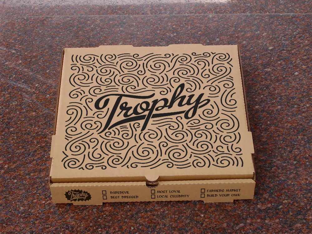 4. This is pretty much a theme-less direction. Just showcase the branding with a space-filling design or pattern. I could see other words like "fresh", "pizza" intertwined in the pattern. Or even little illustrations of toppings. Or even do something like above but as a stylized maze that people could actually interact with (and maybe a connect the dots on the bottom, word search?!)