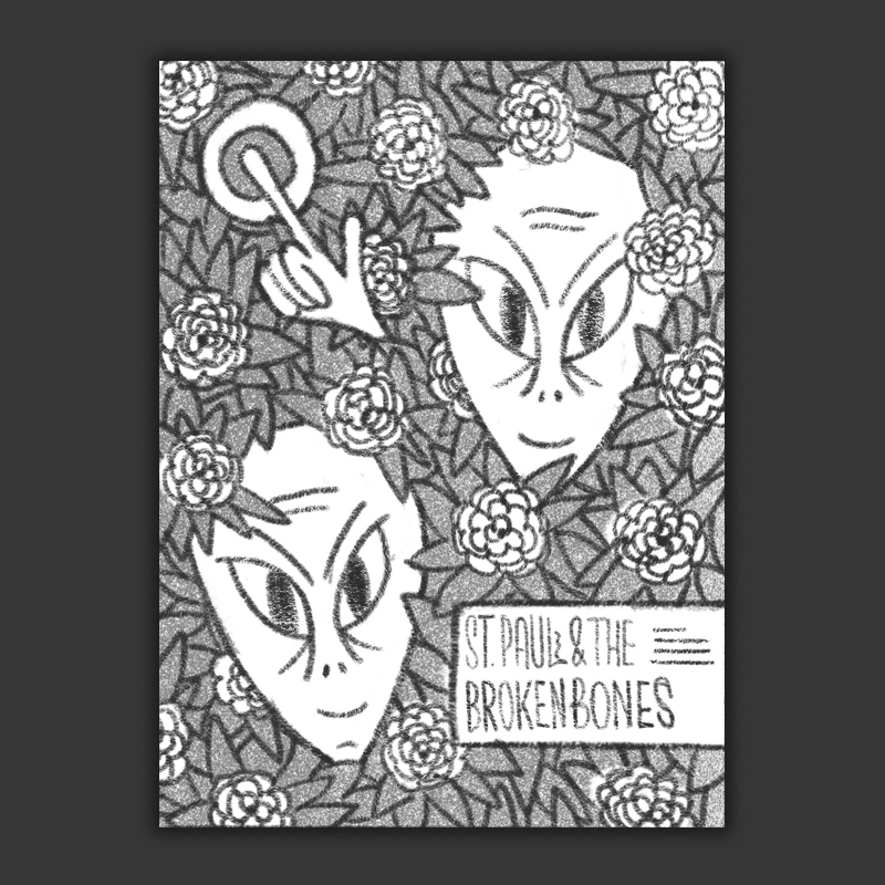 Two aliens hiding out in a Camellia bush, kind of a more pattern based idea inspired a bit by the classic stanley mouse dead image . I think this direction could be cool to try illustrated in a looser, hand-drawn style kind of like this amos lee poster we did a few months back . 