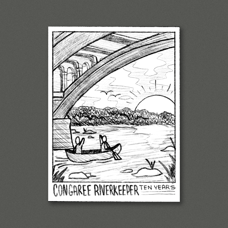 A sunset paddle framed by the Gervais St. Bridge. I like the idea of including the bridge because it gives the scene such a strong connection to the city, rather than a more nondescript river landscape that could be anywhere this makes it unmistakably a part of Columbia. The canoe would be modeled after the riverkeeper canoe, and we could include some fun little details like birds perched on the bridge and the rocks in the background.