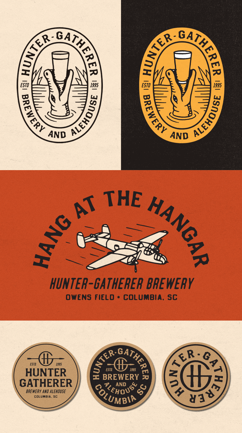 TOP: Having some fun here with more local wildlife imagery. A gator is a nod to the local rivers and swamps. MIDDLE: Getting into the more hangar-specific aviation imagery. The plane is a B-25, the same model that was occupying the hangar before you guys. This little badge would be perfect for merchandise - shirts, pint glasses, etc… BOTTOM: Coaster mock-ups. Keeping it really simple with black ink on some thick kraft paper coasters.