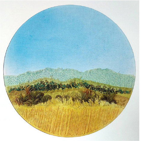 Hazel Menacho | “Escenas del ser” | Pintura y bordado sobre tela | 28 cm diámetro | 2025 | $621 i.v.i