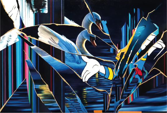 Orlando Villatoro | “El lago de los cisnes” | Óleo y acrílico con hoja de oro | 93 x 137 cm | 2023 | $3200 i.v.i