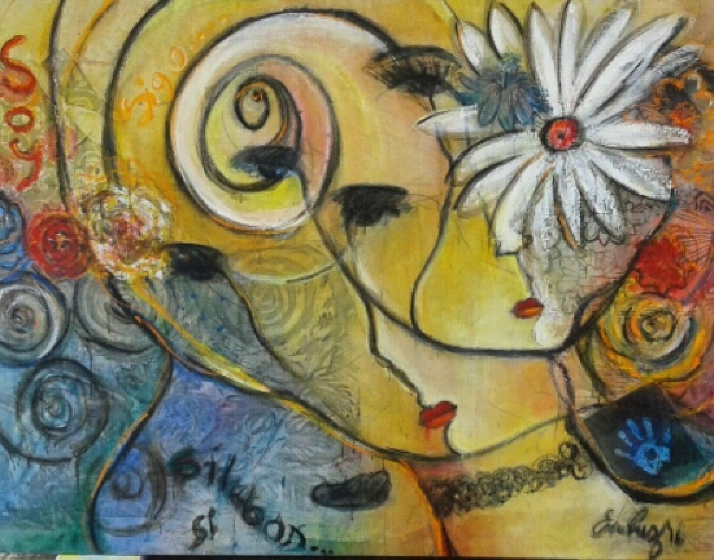 Enar Cruz | "Rostro y flor blanca" | Óleo y collage sobre lienzo | 150 x 200 cm | 2016 | $9.500 i.v.i