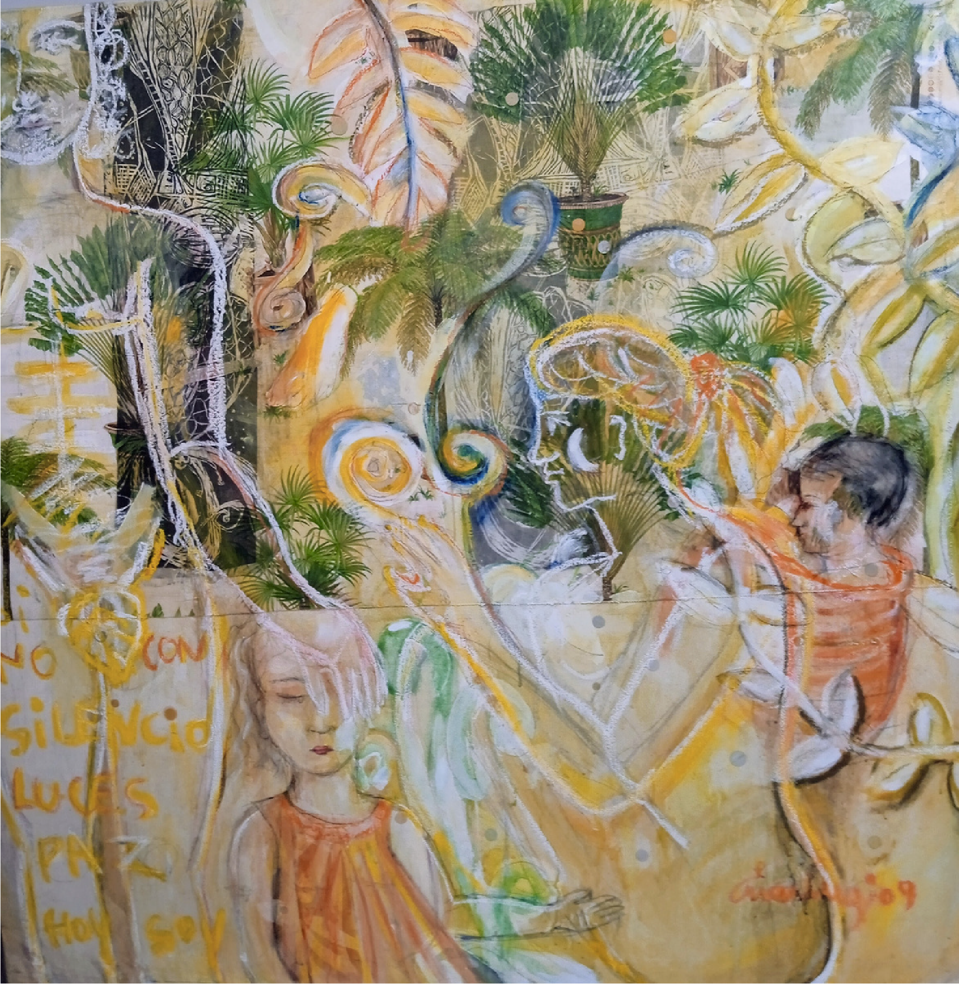 Enar Cruz | "La familia de la selva" | Óleo y collage sobre lienzo | 162 x 162 cm | 2009 | $8.500 i.v.i