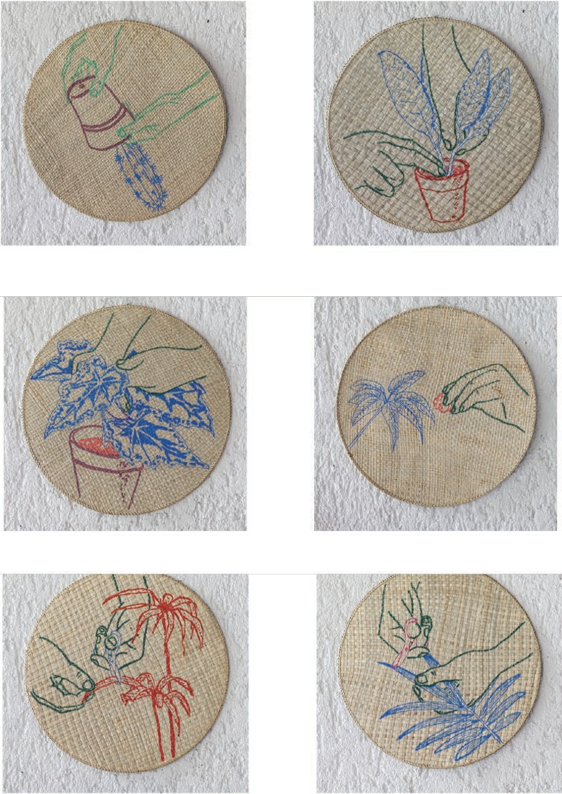 Serie: “The complete indoor garden” | Acrílico sobre mantel de bambú | 30 cm de diámetro c/u | 2023 | $400 + i.v.a c/u
