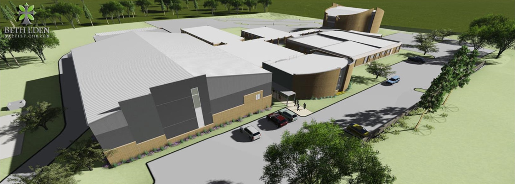 Rendering of "bird's eye view" of property with the new buildings (northwest looking southeast)