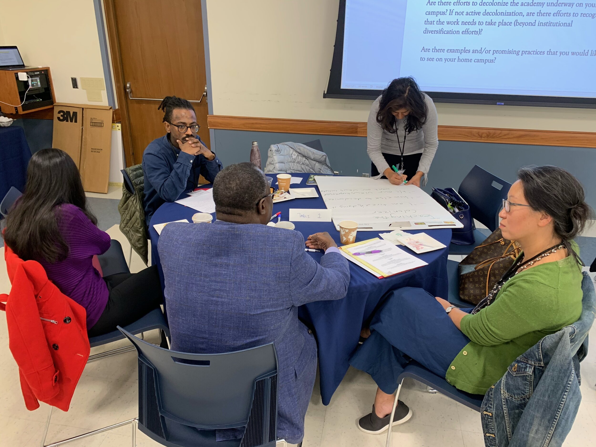 Faculty attendees discussing what "decolonizing the Academy" means to them.