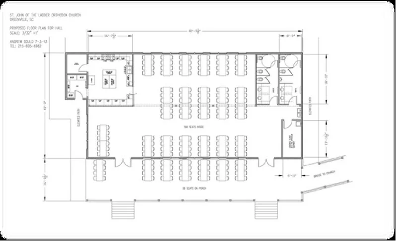 Floor plan of the proposed 3200 sq. ft parish hall. Indoor seating for 168, outdoor seating for 56, total seating 224