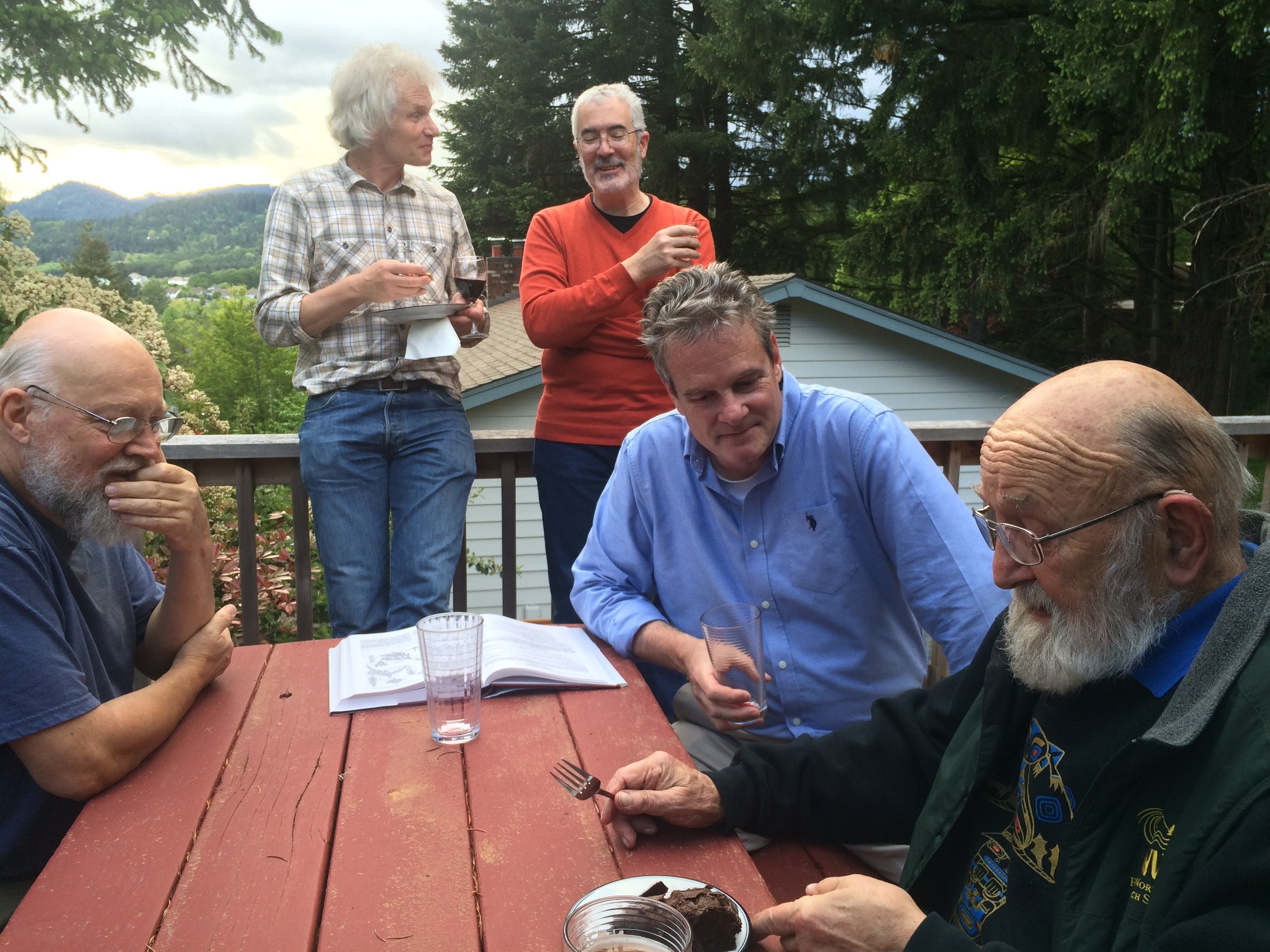Left to right: Kris, Anders Dahlberg, Joey Spatafora, Jean Berube, and the Legendary Jim Trappe. Jim is lecturing us here about how chocolate cake is the perfect palate cleanser between beers. He was adamant.