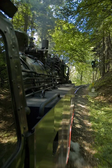 View from the cab of a 2-10-2T at the Harz as it barrels through the mountains