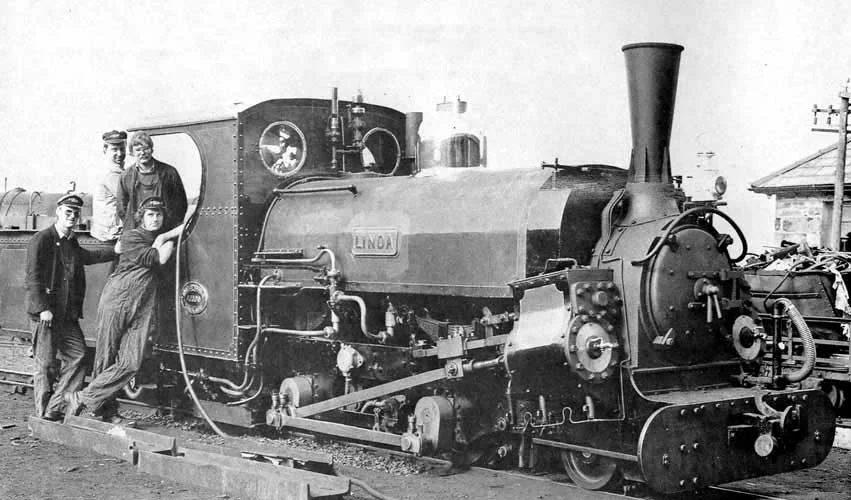 Girdlestone (forefront in the cab) with "Linda" post conversion on the Ffestiniog Railway. Note the new smokestack with reinforced gussets along narrow portion. Photo: G. Rushton, collection of S.T. McMahon