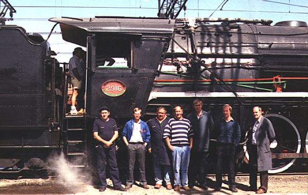This 1991 photograph shows Girdlestone (second from left) shown with other crew involved with conversion of SAR 15F Class 4-8-2 No. 2916 from coal to oil firing. Photo: P. Girdlestone courtesy of H. Odom
