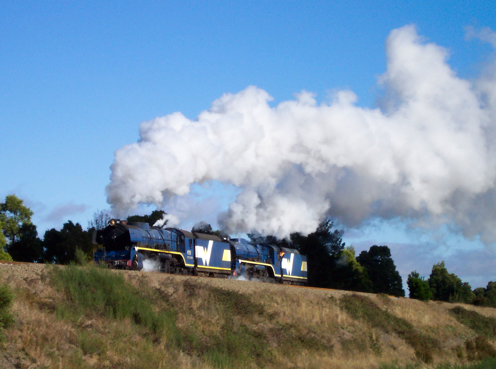 West Coast Railway Class R 4-6-4s numbers 711 and 766 undertake a light engine move from Ballarat to Newport on May 11, 2004. Photo: Tony 'Ashcat' Marsden