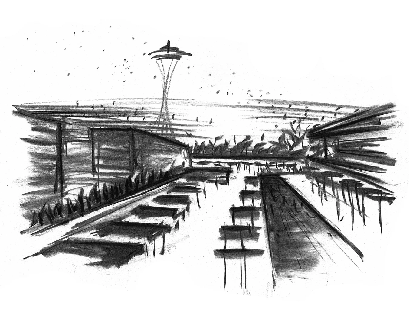 architectural charcoal perspective sketch