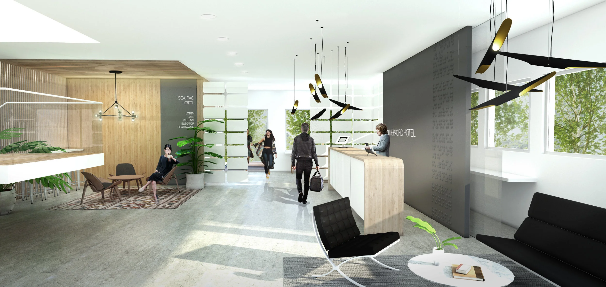 The inwardly focused lobby was dark and disconnected from the city and the guest rooms above.