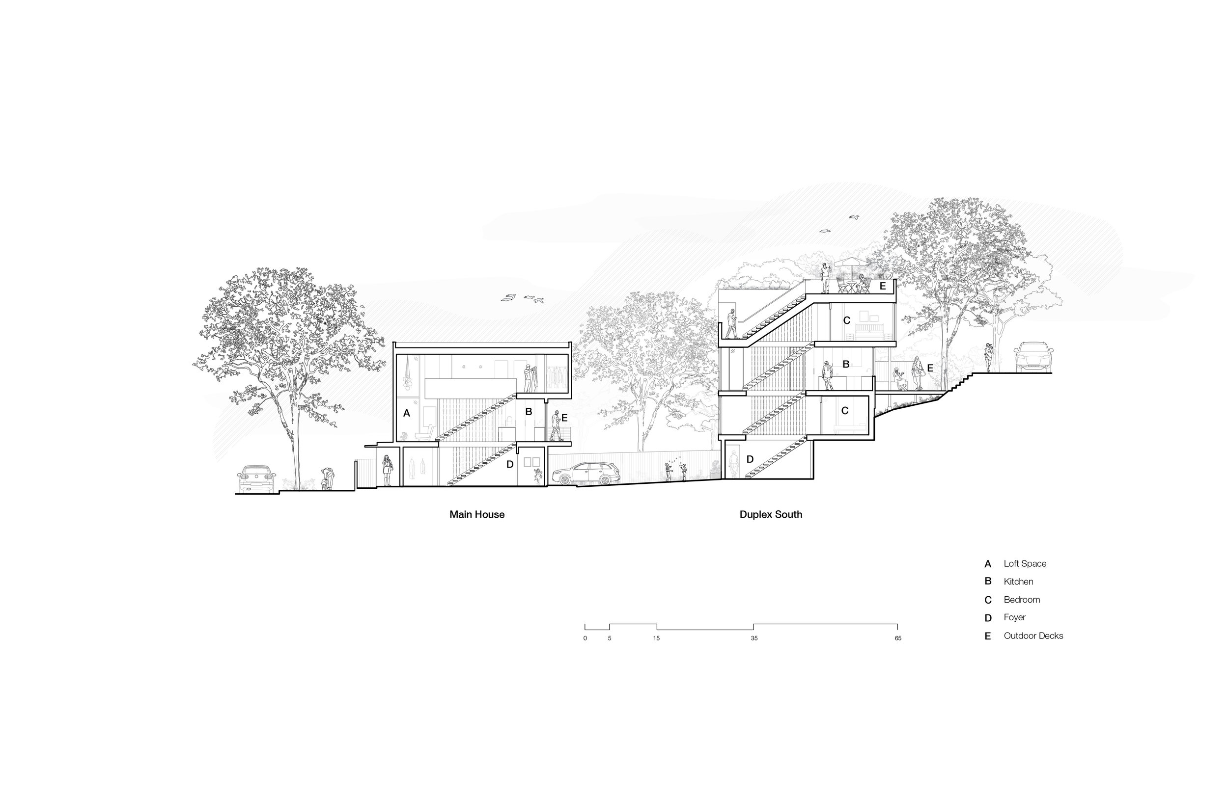 The main house is entered through a front porch off the sidewalk, and the duplex has entries from both the auto court and the pedestrian access off 8th ave.