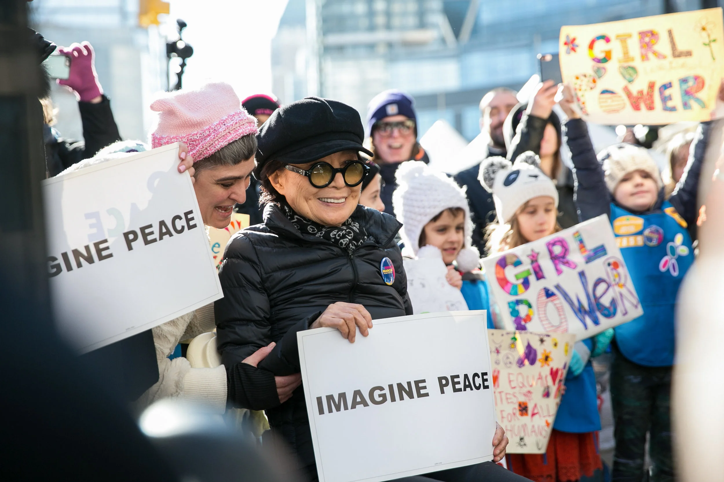 Artist and activist Yoko Ono making an appearance on stage with musical artist MILCK (not pictured) at the second annual Women's March in New York City, January 20, 2018. 