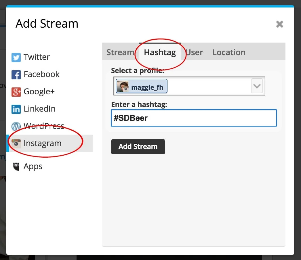 If you choose Twitter instead of Instagram, you would choose "Keyword" from the top menu instead of "Hashtag." Otherwise, the instructions are the same. 
