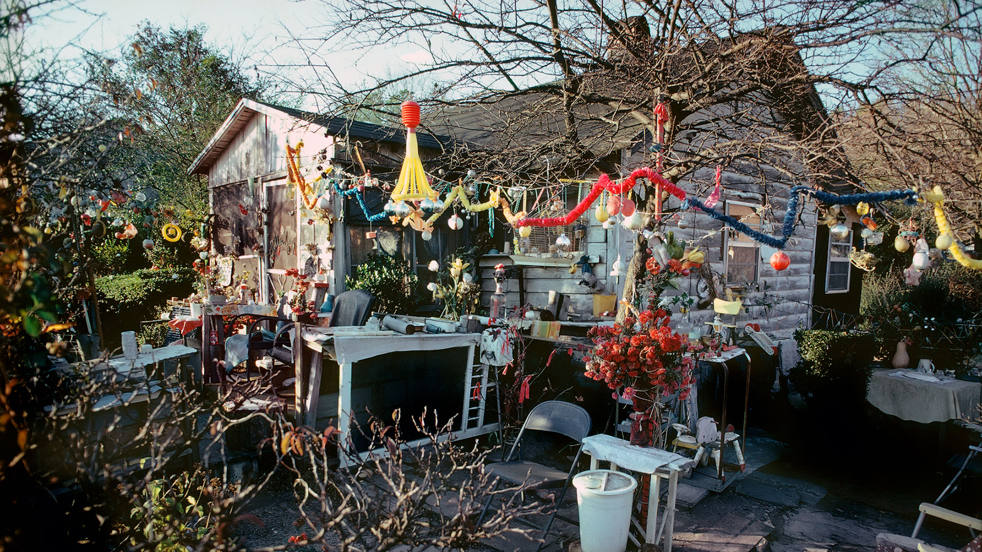 Nellie Mae Rowe transformed her home in Vinings, Georgia into an ever-changing art work that she dubbed her “playhouse.”