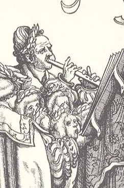 Augustein Schubinger in performance: Woodcut by Hans Burgkmair (1473-1531) from the Triumphzug des Kaisers Maximilian I, 1516-1518. Detail