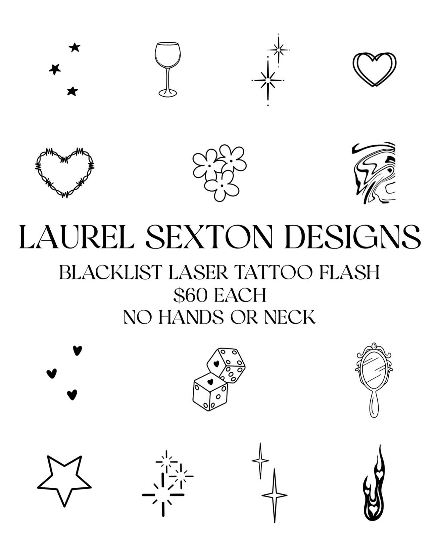 Did you know @laurelsextondesigns offers flash pieces exclusively for our laser clients? Take a sneak peek here or take a look at her flash sheet at check out! What&rsquo;s your favorite design? We love the flames 🔥 🖤⚡️