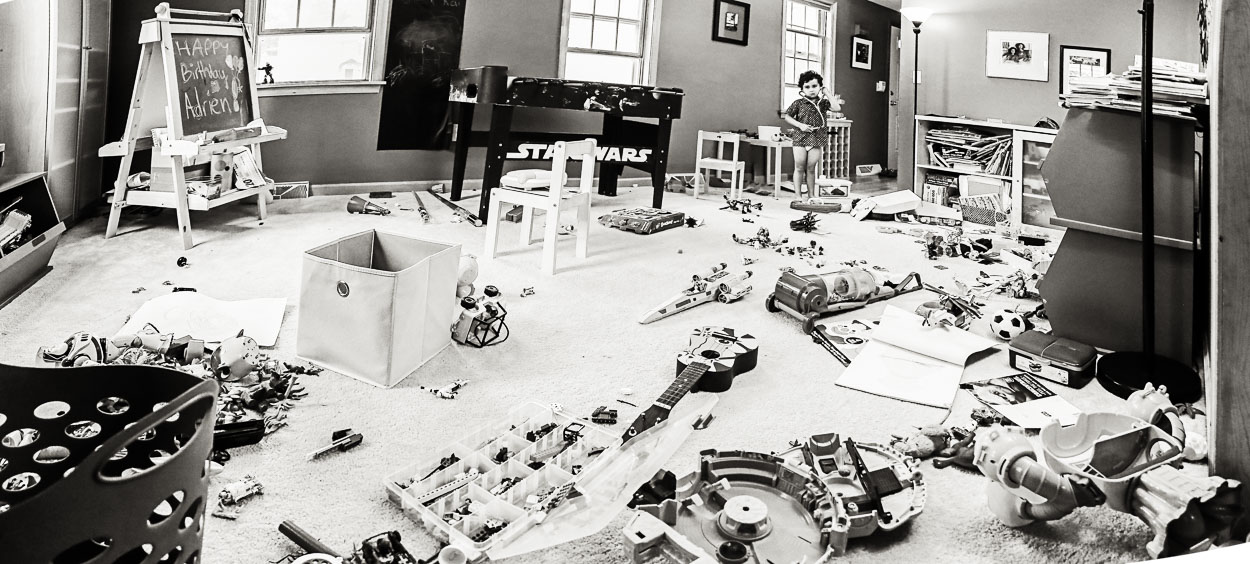 Play room, the day after. Note little man in the background, still in the collared shirt he wore to his party the day before ... and his tighty whities.